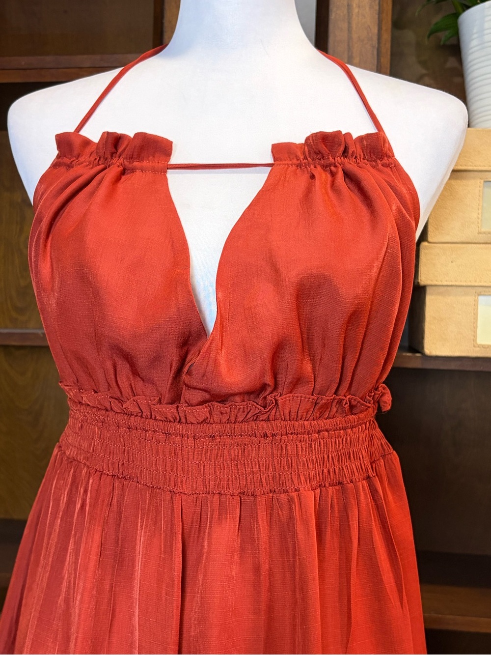 Nasty Gal Rust Red Halter Chic Summer Vacation Ruffle Romper | Size 10 - Picture 3 of 12